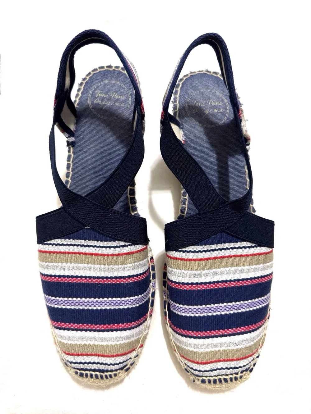 Toni Pons Tarbes Espadrille Wedge Sandals in Navy Red Stripes Size 10